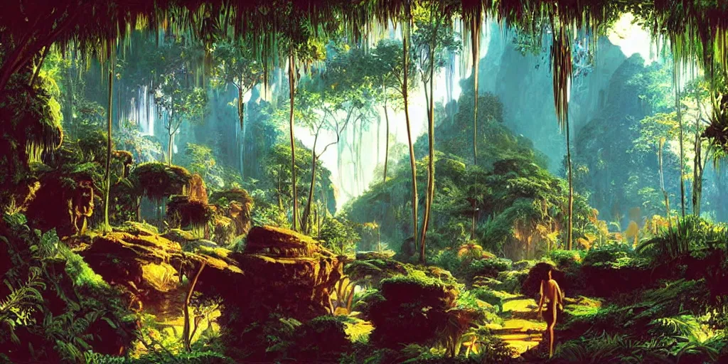 Prompt: ”mystical cavern with small shiny diamonds and lush vegetation, light coming through, volumetric lighting, beautiful, by syd mead”