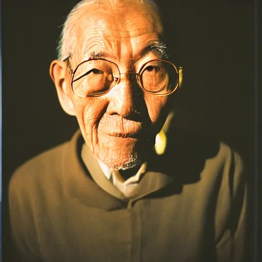 Image similar to portrait, old man in tokyo at night, wearing gold chain, gold rings, cinestill 8 0 0,