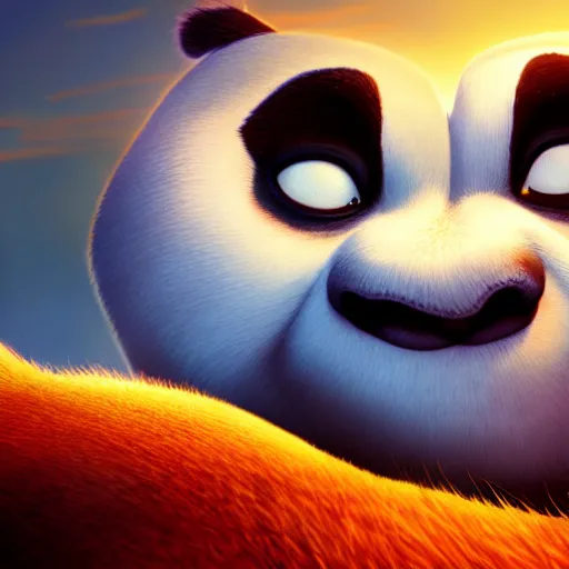 Prompt: po from kung fu panda, sunlit clouds, close-up shot, intricate, elegant, digital painting, golden hour, cinematic, trending on artstation, concept art, smooth, sharp focus, illustration,