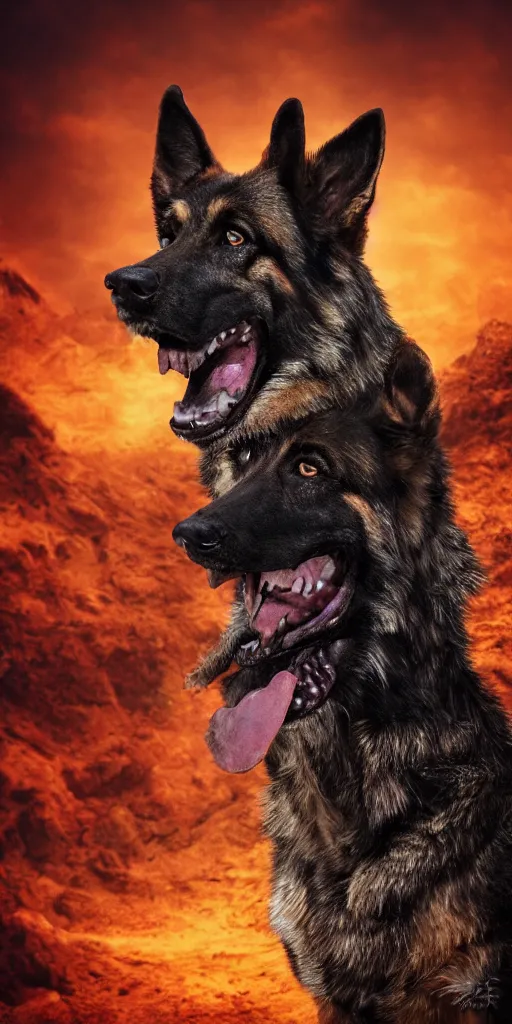 Prompt: close up character portrait icon of the german shepard beast - man, chest muscles, standing in hell landscape, 4 k, tone mapping