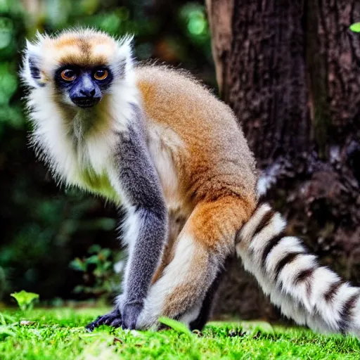 Image similar to monkey - cat - dog - fox hybrid in lemur pose, fluffy white fur, very long tail