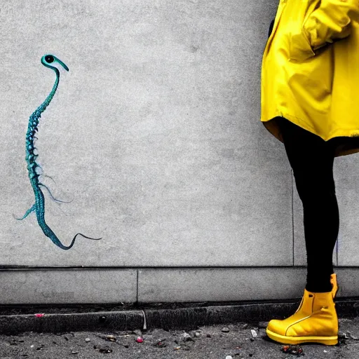 Prompt: Humanoid teal squid standing on two legs wearing yellow raincoat jumping of the edge of a dock in a city that is overwatched by a eye in a hand