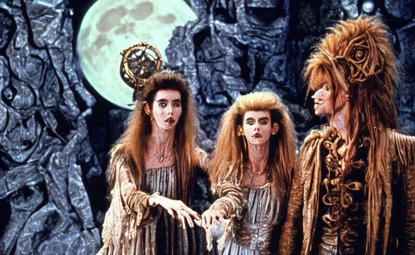 Image similar to movie still from the 1 9 8 8 sequel to labyrinth by jim henson's creature shop starring david bowie as goblin king and young jennifer connelly as sarah in a maze - like steampunk fortress on the moon. realistic practical - effects wondrous creatures and humanoid aliens. fantasy adventure.