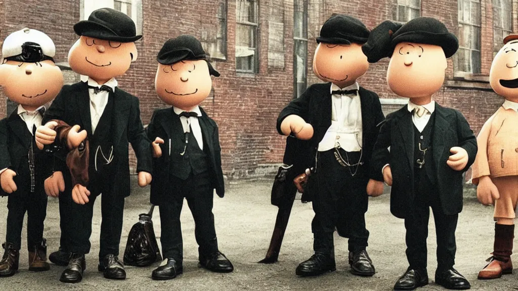 Prompt: peanuts dressed like the peaky blinders