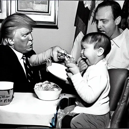 Image similar to Nancy pelosi feeding man baby Donald trump chicken nuggets who is sitting in a high chair, mannerism