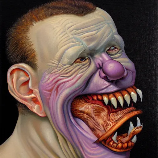 Image similar to oil painting with black background by christian rex van minnen robert williams todd schorr of a portrait of an extremely bizarre disturbing mutated man with acne intense chiaroscuro lighting perfect composition masterpiece