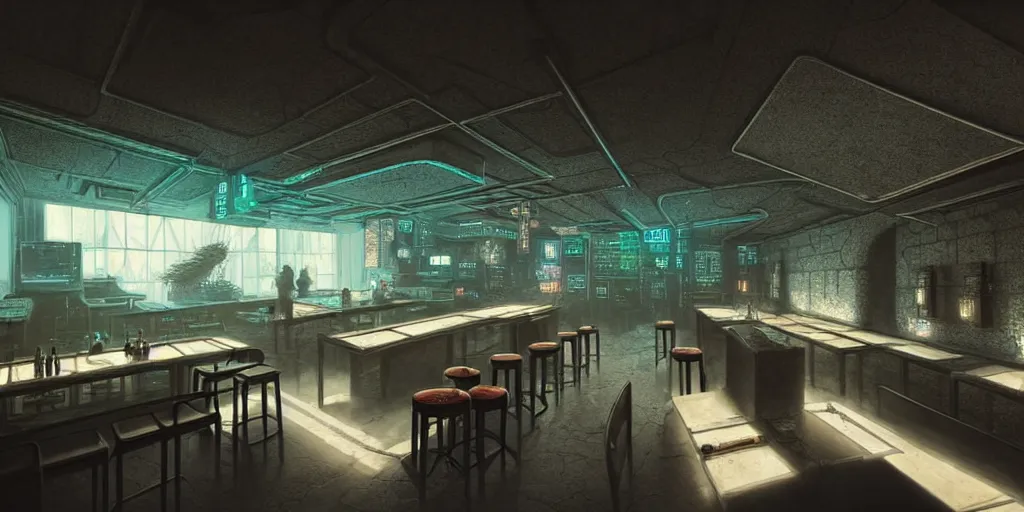 Image similar to Highly detailed realistic photo of interior design in style of minimalism by Hiromasa Ogura and Josan Gonzalez of detailed cyberpunk tavern with stone walls and neon lights, a lot of electronics and people, many details. Natural white sunlight from the transperient roof. Rendered in Blender