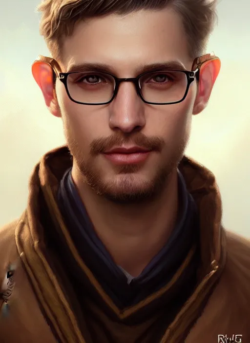 Prompt: a _ fantasy _ style _ portrait _ painting _ of white male short hair glasses stubble light brown hair wide cheeks, rpg dnd oil _ painting _ unreal _ 5 _ daz. _ rpg _ portrait _ extremely _ detailed _ artgerm _ greg _ rutkowski _ greg