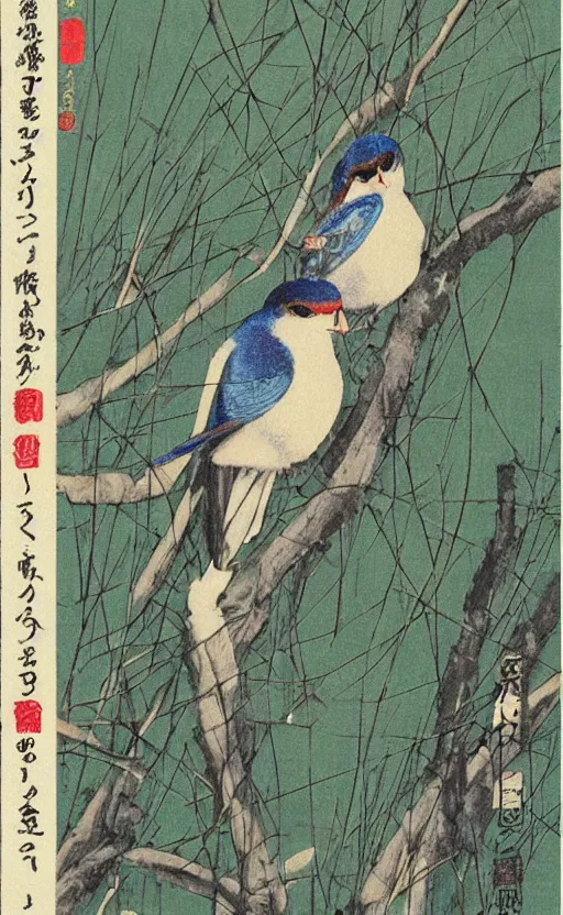 Prompt: by akio watanabe, manga art, portrait of swallow, willow branches above hill, trading card front, sun in the background