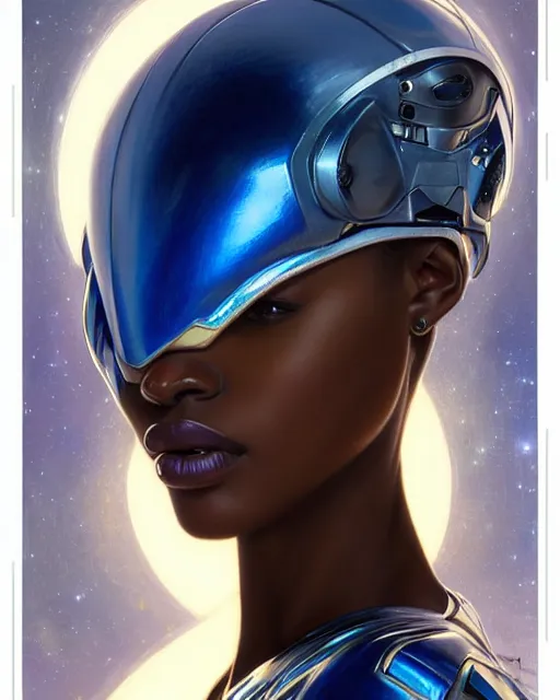 Image similar to Portrait of very very very very very very beautiful african woman, spacesuit, futuristic cybernetic helmet, blue eyes, real life skin, intricate, elegant, highly detailed, artstation, concept art, smooth, sharp focus, art by artgerm and greg rutkowski and alphonse mucha