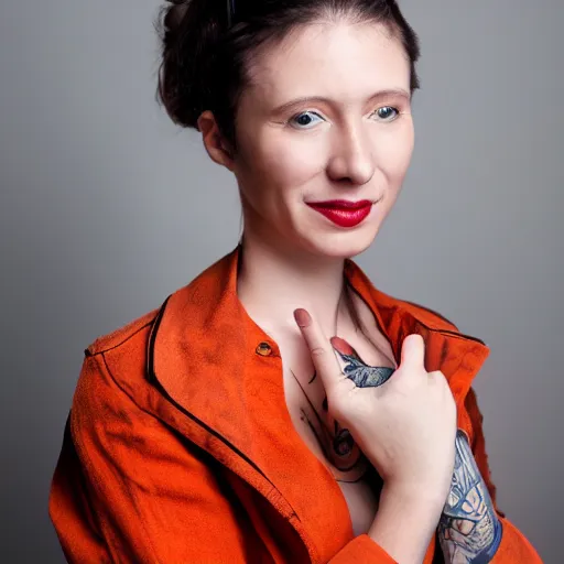 Image similar to portrait of a woman with flower tatoos, brown hair tied, red jacket and orange background, studio lighting