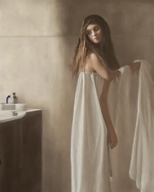 Image similar to portrait of beautiful peasant girl with wet long hair standing in a towel in a bathroom, minimalistic interior, soviet style, Cinematic focus, Polaroid photo, vintage, neutral colors, soft light, foggy, by Steve Hanks, by Serov Valentin, by lisa yuskavage, by Andrei Tarkovsky 8k render, detailed, oil on canvas