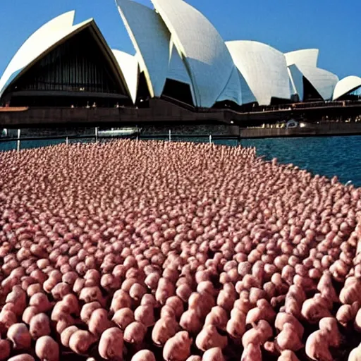 Image similar to spencer tunick photograph of blobfish on the sydney opera house foreshore