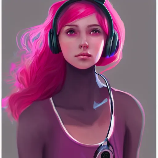 Image similar to very very very beautiful pink gamer girl wearing headphones standing in a pink girls room, full body portrait, eye contact, smiling, perfect face, perfect body, extreme long shot, drawn by charlie bowater