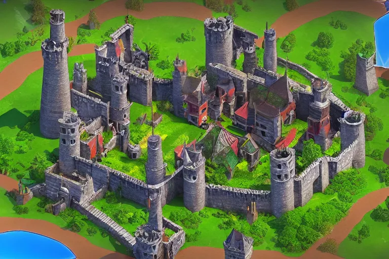 Image similar to 3 d medieval castle in a jungle with towers, 3 d, isometric, indie game