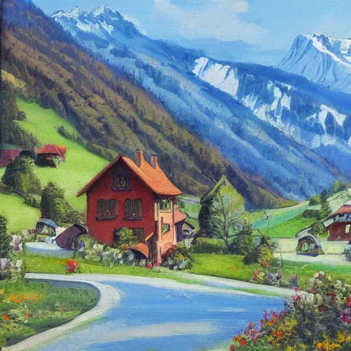 Image similar to a quaint swiss village in the mountains, painting by Leonard Koscianski