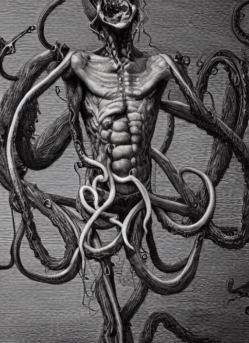 Prompt: an anatomical sketch of a man made from tentacles by Gustave Doré, John Blanche, eldritchpunk, Post processing effects, Occlusion, Medium Shot, Midnight, Dutch Angle, Artstation, Establishing Shot, Detailed, textures and grain, hd, backlit