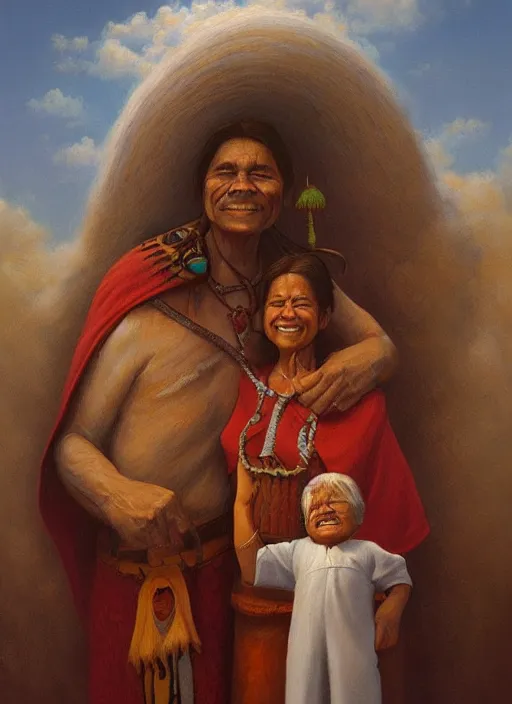 Image similar to portrait of a indigenous grandparents in the clouds, smiling, protection, benevolence, ancestors, art by christophe vacher