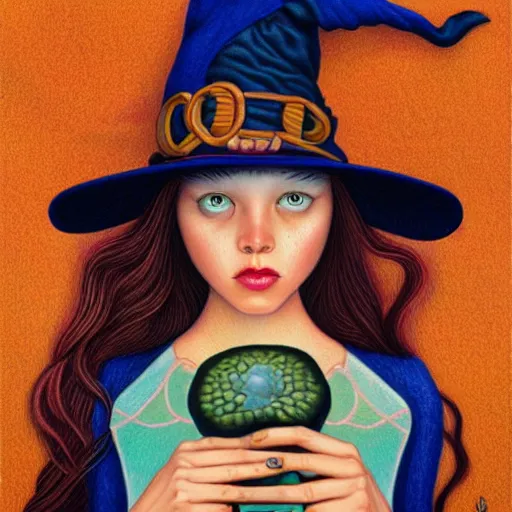 Prompt: colored pencil art on paper, pretty witch, by casey weldon, highly detailed, artstation, masterpiece, award - winning, caran d'ache luminance