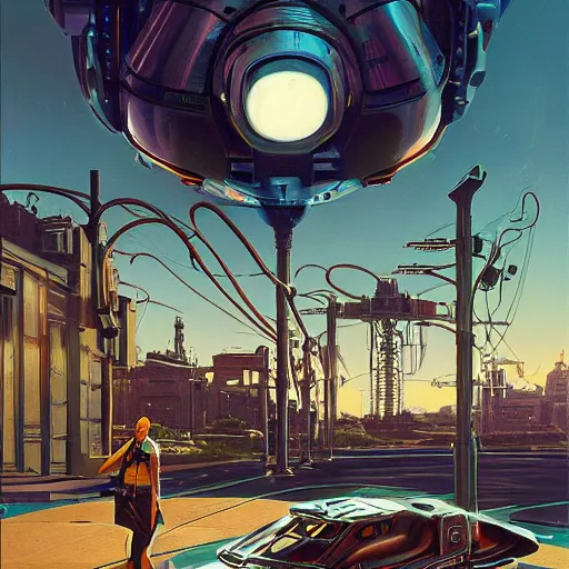 Prompt: painting of syd mead artlilery scifi vehicle with ornate metal work lands on a sidewalk, filigree ornaments, volumetric lights, simon stalenhag