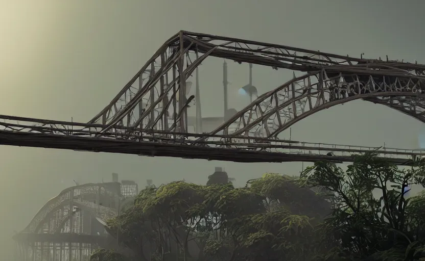 Image similar to a big harbour bridge collapses after explosions in the form of white cotton plants, 3 d octane render, epic lighting, 8 k, by goro fujita