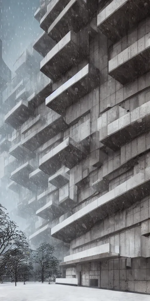 Image similar to brutalist architecture, hyperrealistic rendering, 4 k, tyndall effect, snow day ， by zaoeyo