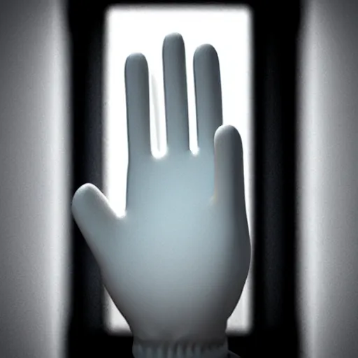 Prompt: a disembodied 5 - fingered white gloved hand waving out from behind a dark doorway