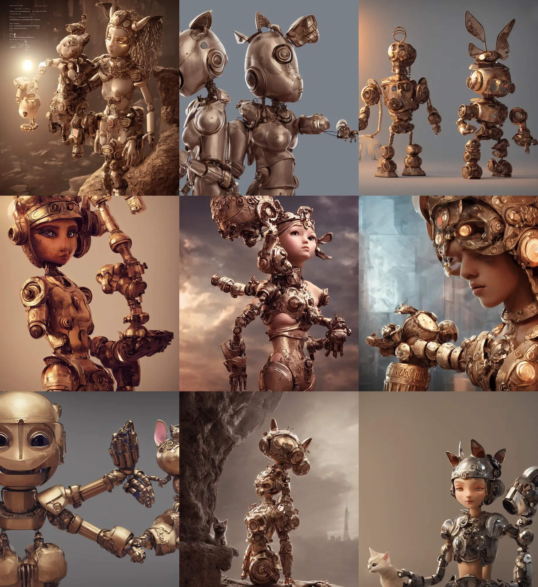 Prompt: 3D octane render ultra 8K photorealistic hyperdetailed unreal engine ,a wooden a very cute mystical robot of the roman godess with cat’s ears in a zen rebelle heroic pose ,concept art ,trending on cgsociety ,artwork masterpiece , in a contemporary art gallery in neo Paris