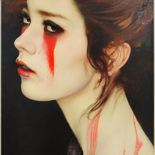 Prompt: realistic detailed face portrait of a female in the style of Contemporary Modern art by Malcolm Liepke and James Jean and Norman Rockwell, Ayami Kojima, Yoshitaka Amano, Karol Bak, Greg Hildebrandt, Jean Delville, and Mark Brooks, Expressionism, þ intricate fine details, exquisite, rich deep moody colors, beautiful detailed background