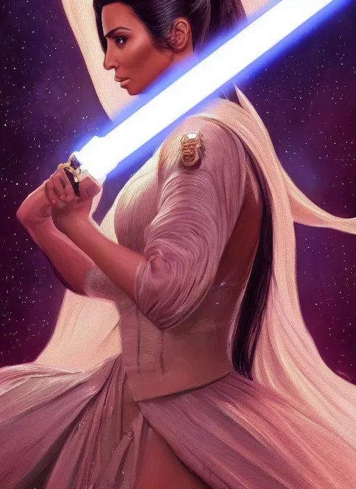 Image similar to A film still of kim kardashian as princess leigha in star wars, highly detailed, digital painting, artstation, concept art, sharp focus, illustration, cinematic lighting, art by artgerm and greg rutkowski and alphonse mucha diffuse lighting, fantasy, intricate, elegant, highly detailed, lifelike, photorealistic, digital painting, artstation, illustration, concept art, smooth, sharp focus, art by John Collier and Albert Aublet and Krenz Cushart and Artem Demura and Alphonse Mucha