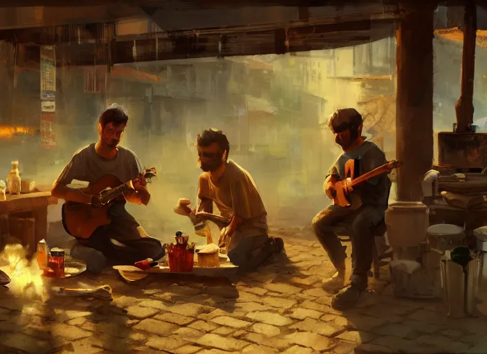 Prompt: three guys in night at the yard speaking while grilling kebabs and one guy playing guitar, light bulbs, painting by Craig Mullins, octane rendering, soft morning lighting, wide angle lens, in the style of Hayao Miyazaki, trending on artstation,