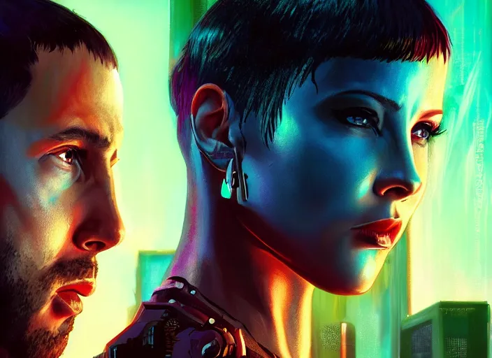 Prompt: cyberpunk meathead tries to intimidate cyberpunk feminist chick ( blade runner 2 0 4 9, dystopian, cyberpunk 2 0 7 7 character design ). gorgeous face. epic painting by james gurney and laurie greasley, oil on canvas. cinematic, hyper realism, realistic proportions, anatomy, dramatic lighting, high detail 4 k