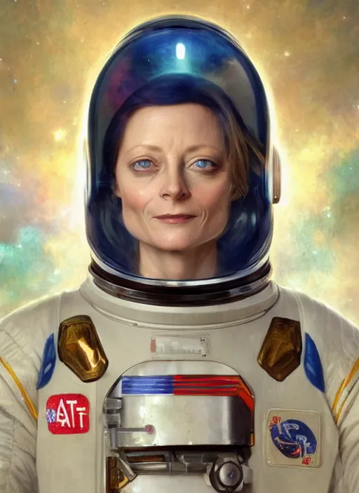 Prompt: A beautiful portrait of Jodie Foster wearing a space suit, digital art by Eugene de Blaas and Ross Tran, vibrant color scheme, highly detailed, in the style of romanticism, cinematic, artstation, Greg rutkowski, mucha
