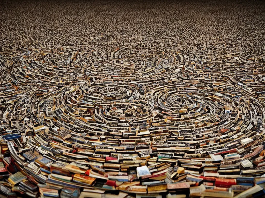 Image similar to an intricate labyrinth made of books at night, dimly lit by candlelight, dark fantasy, dreaming illusion