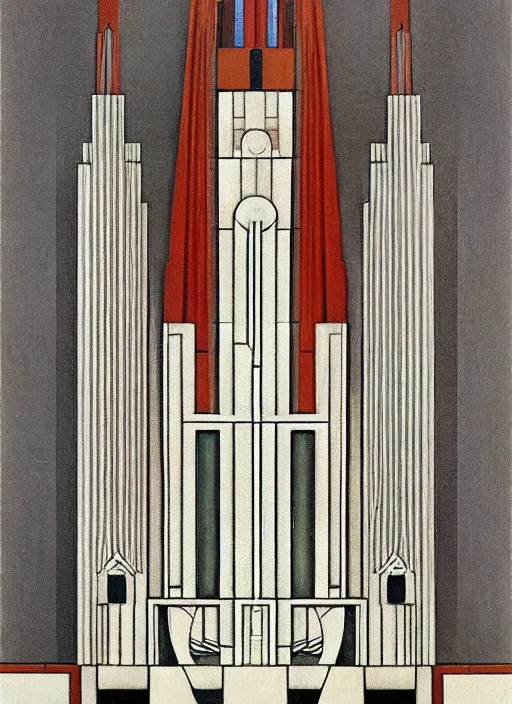 Image similar to isometric artdeco cathedral by frank lloyd wright, isometric, painted by piet mondrian