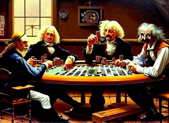 Image similar to isaac newton and stephen hawkins and albert einstein playing poker in an old west saloon, intricate, highly detailed, centered, digital painting, artstation, concept art, smooth, sharp focus, illustration, art by james gurney and norman rockwell and greg rutkowski