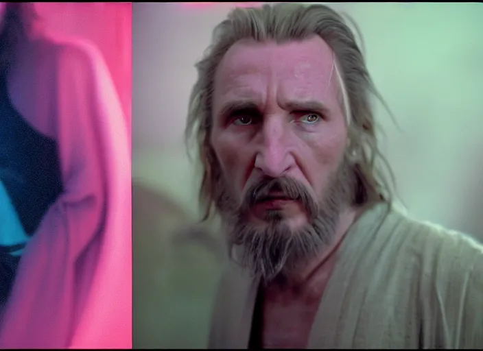 Image similar to screenshot of the force ghost spirit of qui gon jinn, in a hazy pink lit ancient Jedi cathedral, played by liam neeson portrait, screenshot from the 1970s star wars thriller directed by stanley kubrick, Photographed with Leica Summilux-M 24 mm lens, ISO 100, f/8, Portra 400, kodak film, anamorphic lenses