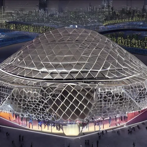 Prompt: a futuristic stadium in the middle of a city, hexagonal shaped, hexadome, unreal engine, epic lighting, crowd cheering,