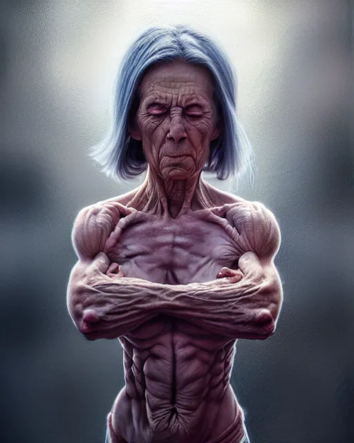 Image similar to highly detailed vfx portrait of, woman getting progressively older muscular by stephen bliss, chalk, unrealengine, greg rutkowski, loish, rhads, beeple, chalk, makoto shinkai and lois van baarle, ilya kuvshinov, rossdraws, tom bagshaw, basil gogos