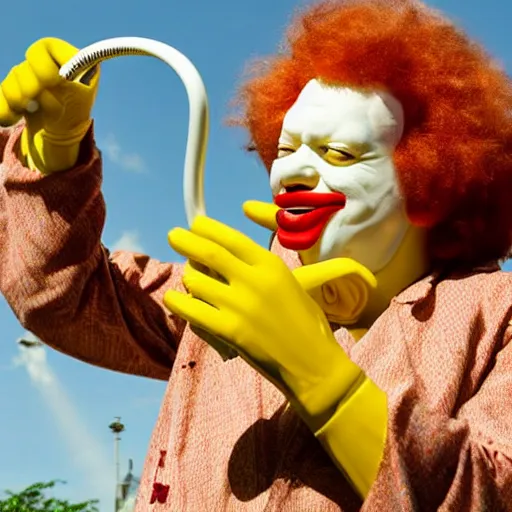 Image similar to ronald mcdonald putting the lotion on its skin or else it gets the hose again, terror, fantasy realism, high quality, sharp focus, dutch angle