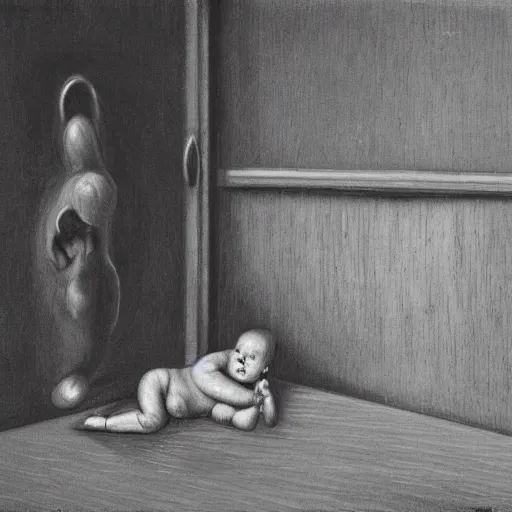 Prompt: a ugly baby in floor inside a dark house, surrealism