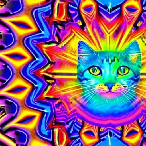 Prompt: psychedelic Lisa frank psychic cat overtaking the world which begins to shatter all around it as it opens its third eye for the first time chromatic aberration in the rising pieces of the crumbling earth