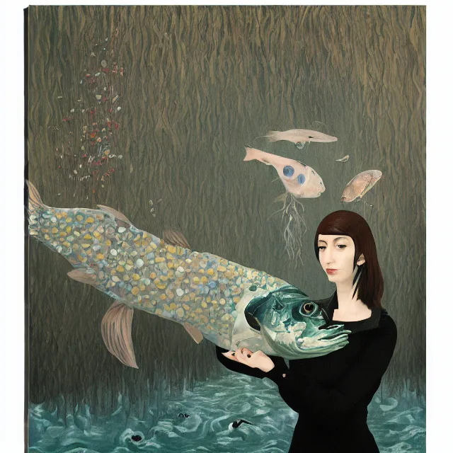 Image similar to tall emo female artist holding a large fish in her flooded apartment, seaweed, pomegranates, octopus, water gushing from ceiling, painting of flood inside an artist's apartment, a river flooding indoors, ikebana, zen, rapids, waterfall, black swans, canoe, berries, acrylic on canvas, surrealist, by magritte and monet