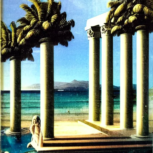 Image similar to Giant columns palace, thunderstorm, greek pool, beach and palm trees on the background major arcana sky, by paul delaroche, magazine photo from 1987, hyperrealistic 8k, very detailed