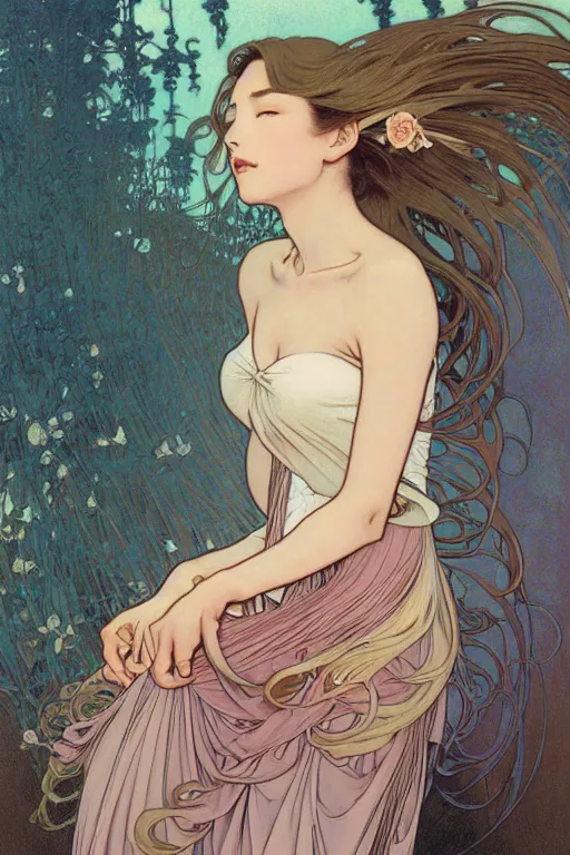 Image similar to beautiful portrait pastel painting of a female, blush, pleated skirt, flowing hair, slim face, elegant, alphonse mucha, by yoichi hatakenaka, masamune shirow, josan gonzales and dan mumford, ayami kojima, takato yamamoto, barclay shaw, karol bak, yukito kishiro