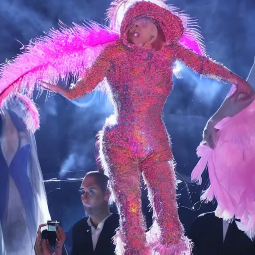 Prompt: Lady gaga in a pink dress standing in front of a crowd, a hologram by Alexander McQueen, trending on pexels, kitsch movement, made of feathers, ethereal, made of crystals