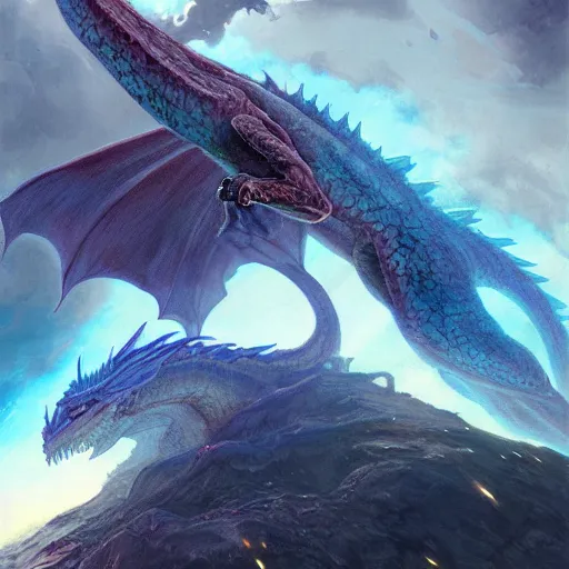 Prompt: Big blue scaled dragon devouring an earth like planet while flying in space, sun system, behemoth, nebula, oil painting, by Fernanda Suarez and Edgar Maxence and Greg Rutkowski