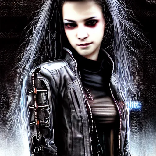 Prompt: portrait photo of a cyberpunk young woman hacker in a leather jacket plugged into a quantum computer with cables and wires and optic fibers. cyberpunk horror style. art by luis royo. highly detailed 8 k! intricate! 2 0 mm!!