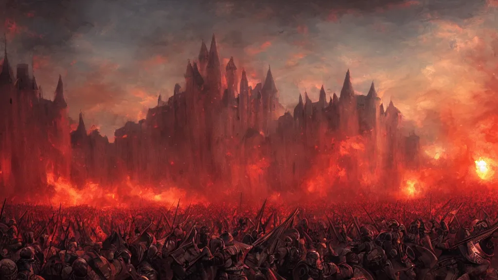 Prompt: madness of the medieval battlefield. castles. bloom, lighting, red sunset. fantasy, digital painting, hd, highly detailed.