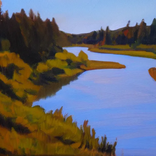 Prompt: the long river with golden sunshine. oil painting style